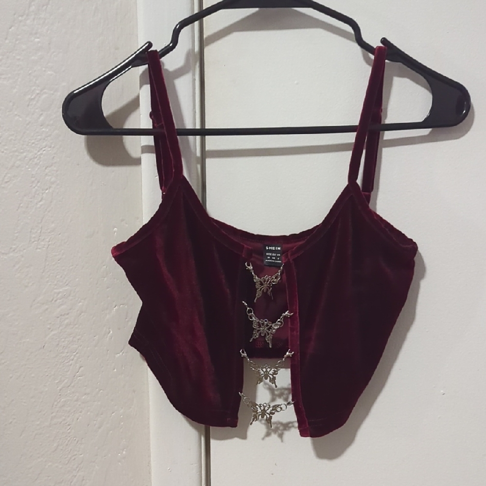 SHEIN Velvet Wine Crop Top with Chain Detail